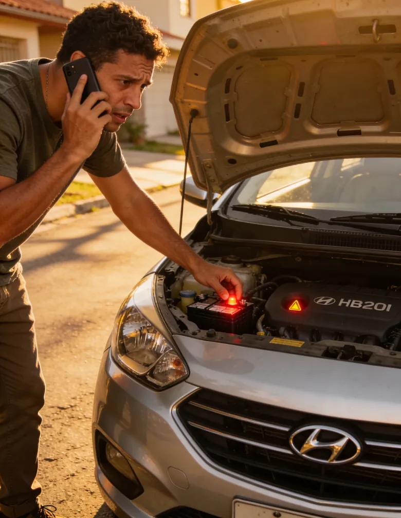 Cliente chamando a ASM Baterias no WhatsApp ao lado do carro