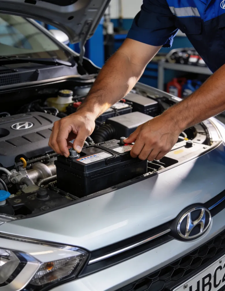 Mãos do técnico da ASM trocando a bateria automotiva no local